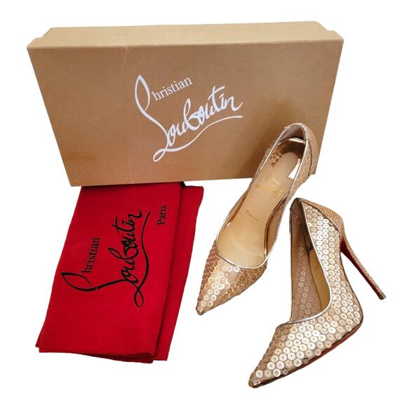 Christian Louboutin Lace 554 Gold Sequin Heels Pointed Toe Glitter Bridal 7 37 - Picture 1 of 12